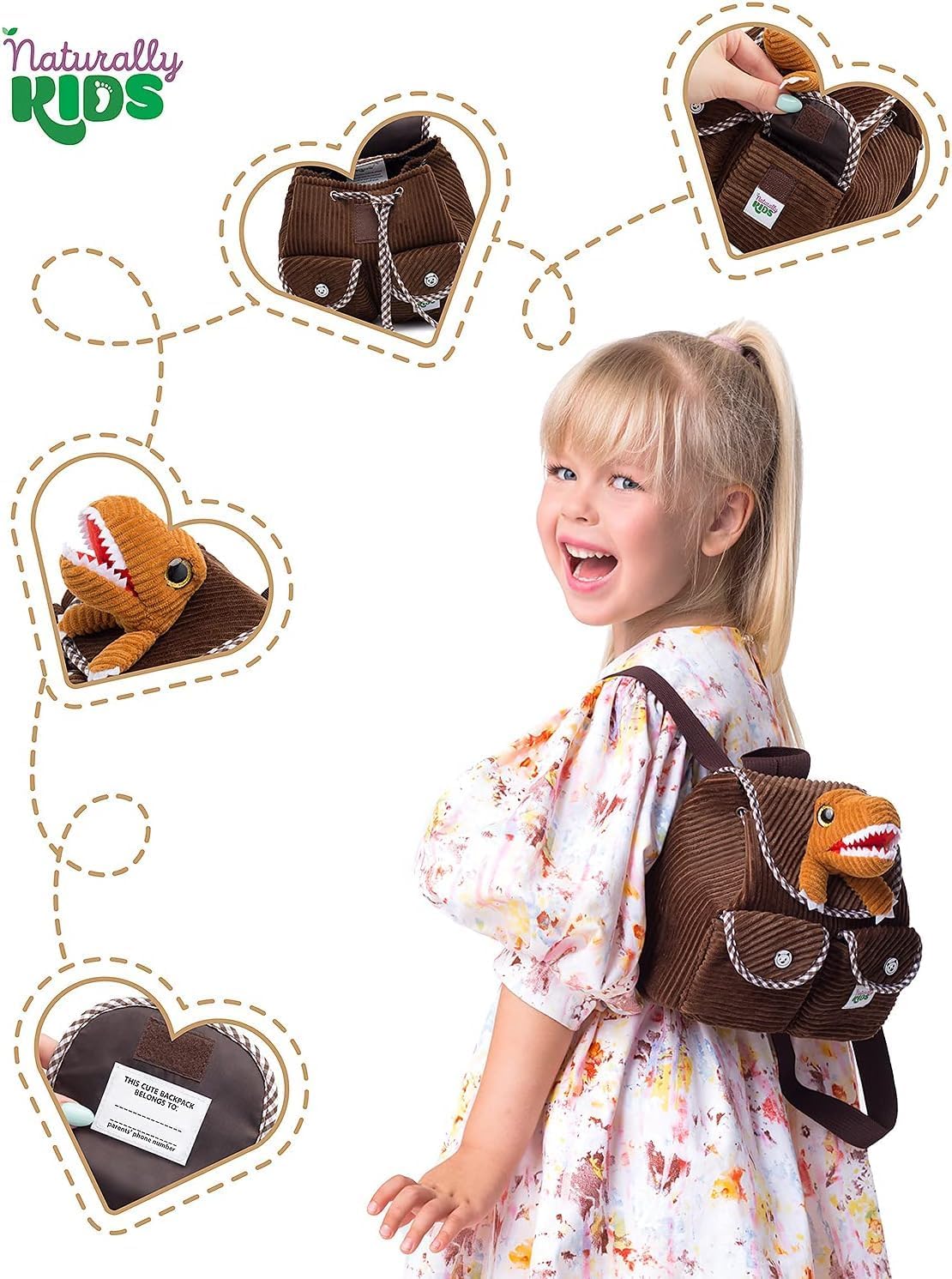 Naturally KIDS Mini mochila de dinosaurio marrón, regalo para niños...