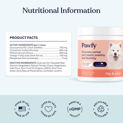 Pawfy Suplemento para cadera y articulaciones para perros con MSM y...