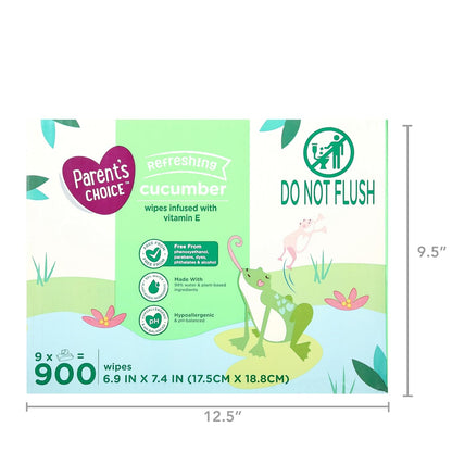 Toallitas para bebés con aroma a pepino, 900 unidades, infundidas con vitamina E, libres de fenoxietanol, parabenos, tintes, ftalatos y alcohol, nueve paquetes individuales de toallitas de 100