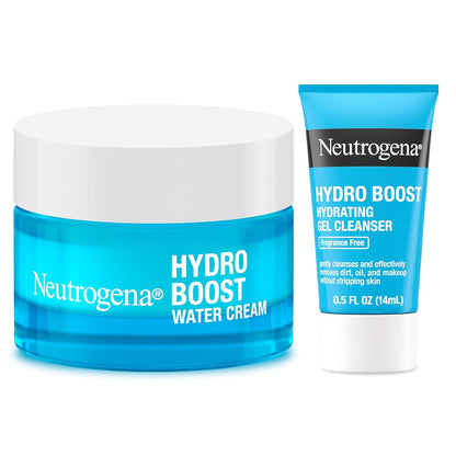 Neutrogena Hydro Boost - Crema de agua, hidratación de 72 horas para piel normal o extra seca, sin fragancia, hidratante facial con ácido hialurónico, 1.7 onzas y limpiador de gel hidratante Hydro Boost tamaño de prueba, 0.5 onzas líquidas