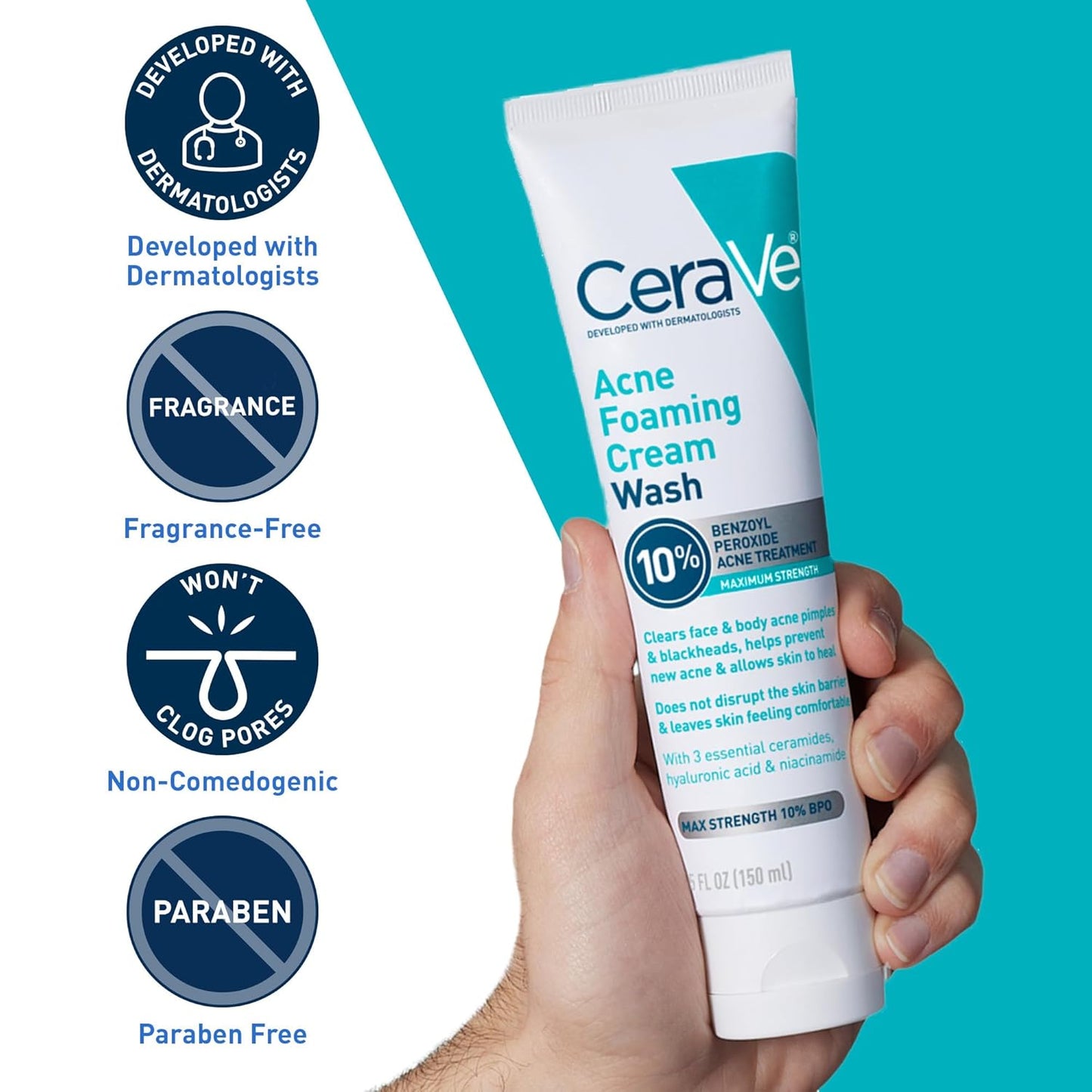 CeraVe Crema Espumosa Limpiadora para el Acné, Limpiador Suave para Rostro y Cuerpo con Peróxido de Benzoilo al 10%, Ácido Hialurónico y Niacinamida, Tratamiento con Peróxido de Benzoilo al 10% que