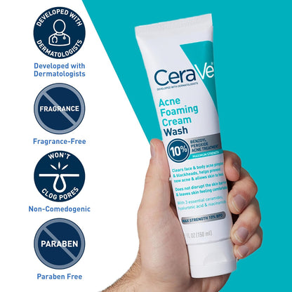 CeraVe Crema Espumosa Limpiadora para el Acné, Limpiador Suave para Rostro y Cuerpo con Peróxido de Benzoilo al 10%, Ácido Hialurónico y Niacinamida, Tratamiento con Peróxido de Benzoilo al 10% que
