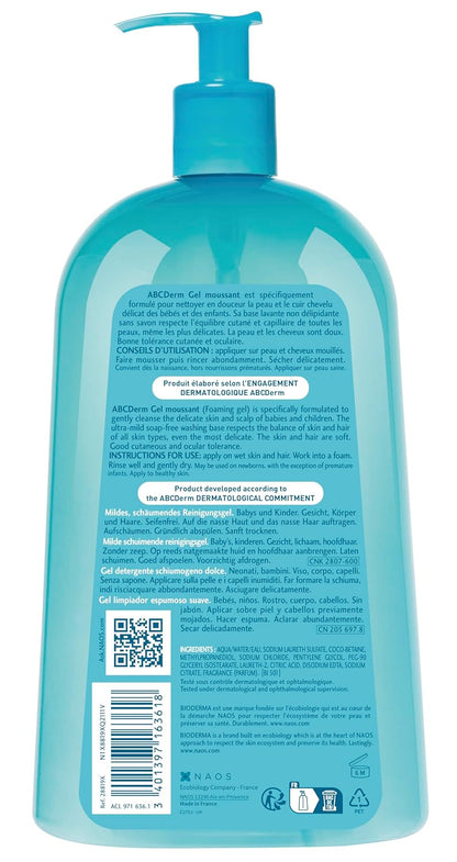 Bioderma ABCDerm Gel espumoso para la delicada piel de bebés y niños, azul, 33.8 onzas líquidas