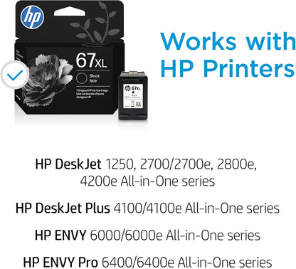 HP Cartucho de tinta negro de alto rendimiento 67XL | Funciona con DeskJet 1255, 2700, 4100, Envy 6000, 6400 Series | Elegible para tinta instantánea | 3YM57AN | El embalaje puede variar