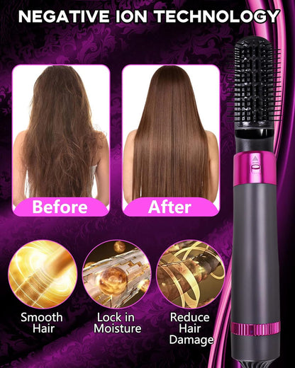 Cepillo secador de pelo 5 en 1, cepillo eléctrico de iones negativos para secador de aire caliente (negro-rojo)