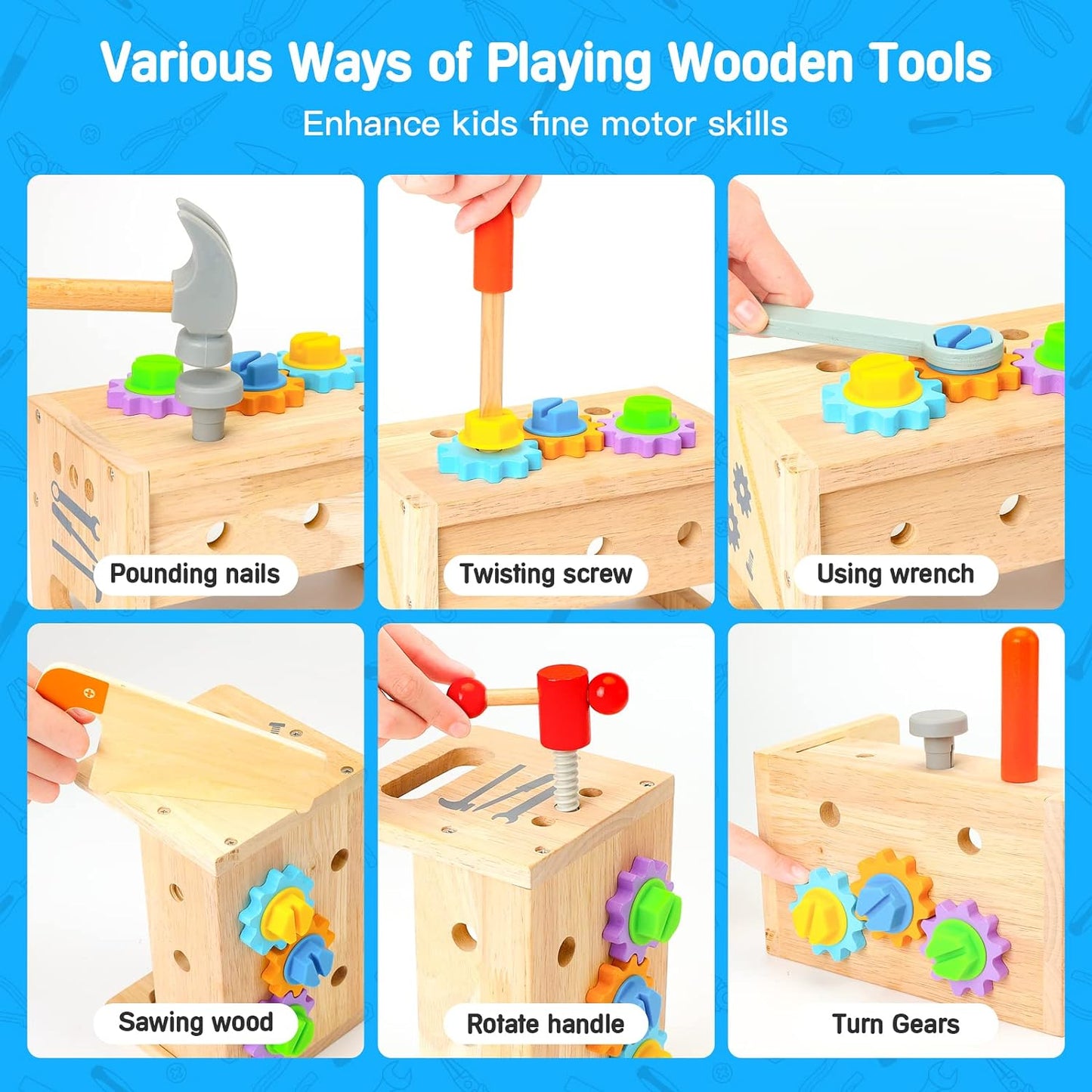 Juego de herramientas de madera para niños de 3, 4, 5 años, 29 piez...