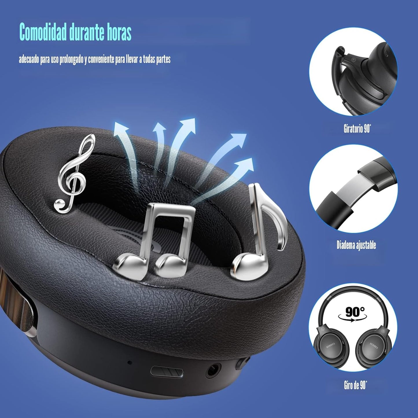 BERIBES Auriculares Bluetooth sobre la oreja, tiempo de reproducció...