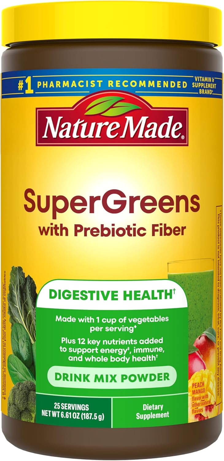 Nature Made Polvo Super Greens con mezcla de bebida de fibra prebió...