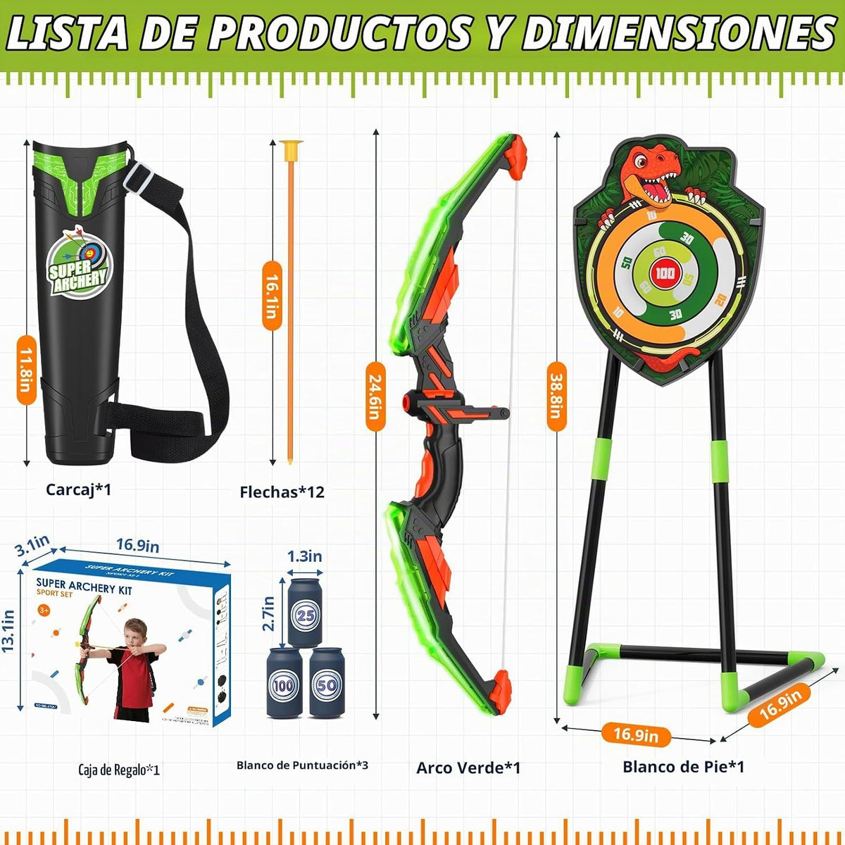 HYES Arco y flecha para niños, juego de tiro con arco con luz LED c...