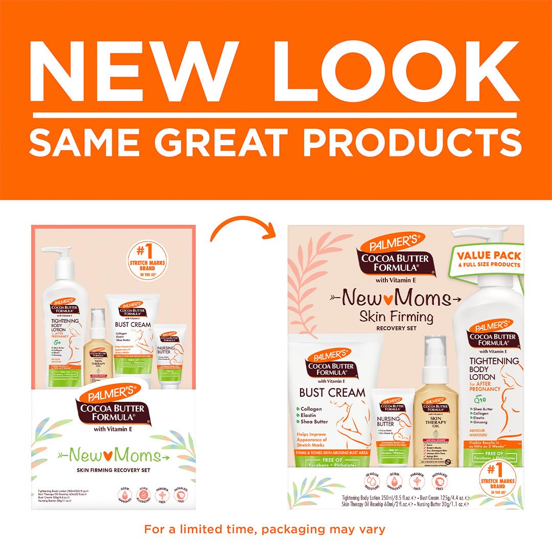 Palmer's Cocoa Butter Formula New Moms Skin Recovery Postpartum Essentials, Loción para el cuerpo (8.5 oz) + Mantequilla para lactancia (1.1 oz) + Crema para el busto (4.4 oz) + Aceite de terapia para