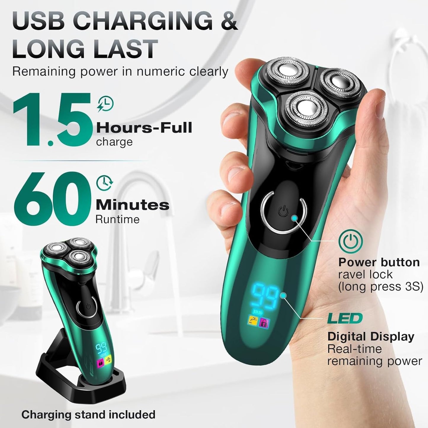 Maquinilla de afeitar eléctrica para hombres, afeitadora recargable con soporte de carga, afeitadora inalámbrica impermeable en seco y húmedo con recortadora emergente (verde)