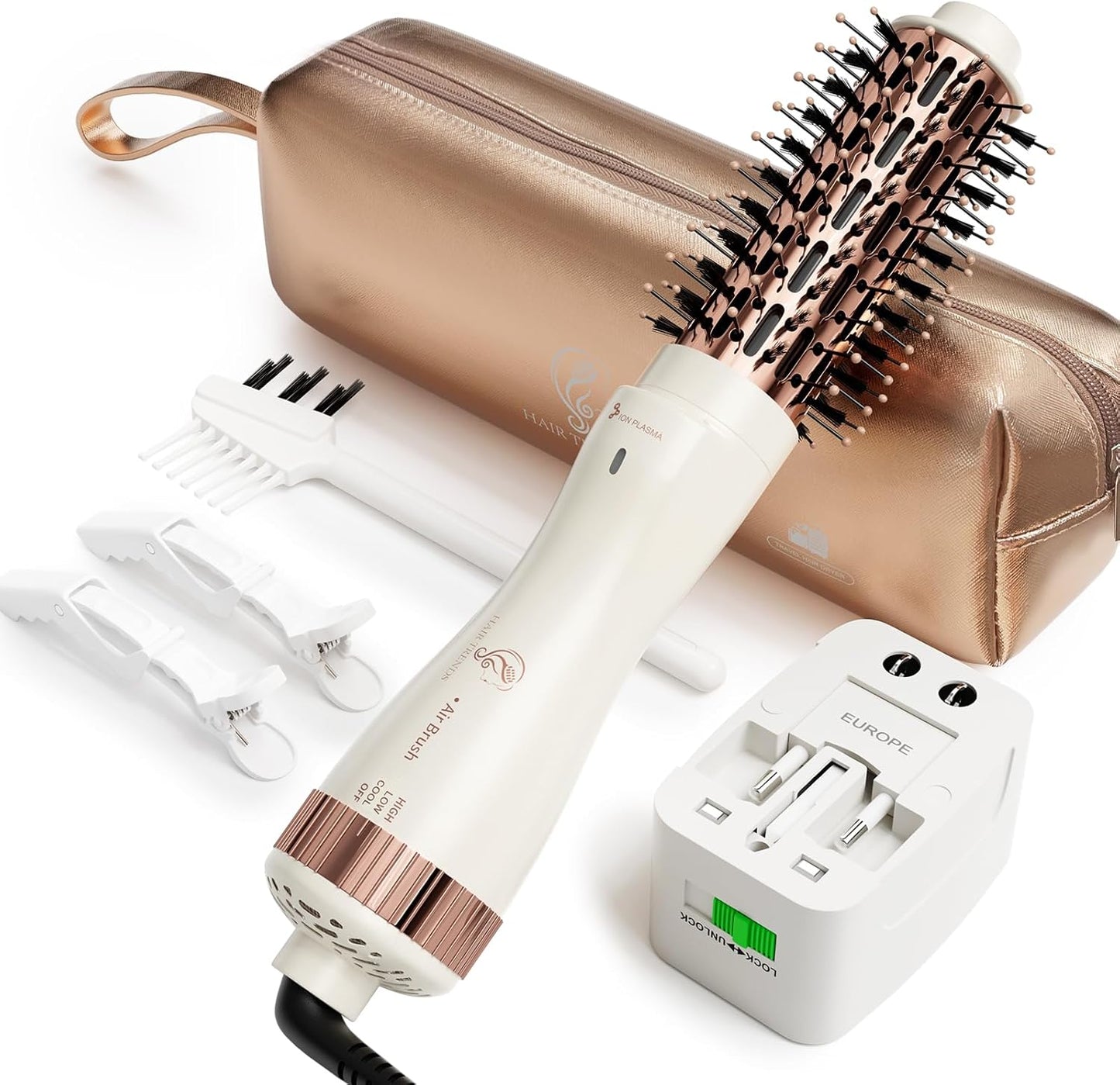 Secador de cepillo redondo de 1.5 pulgadas (2.8 pulgadas más cerdas) de doble voltaje (110 ~ 250 V), cepillo secador de pelo con adaptador de enchufe europeo, secador de volumen iónico negativo de un paso 4 en 1