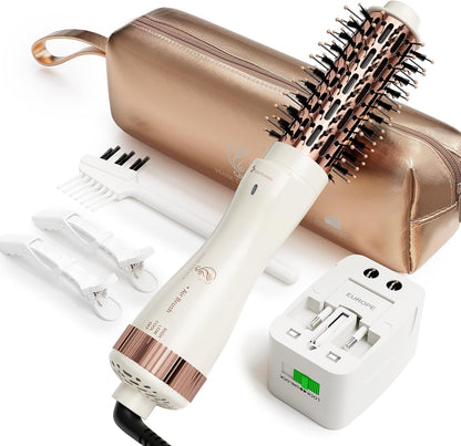 Secador de cepillo redondo de 1.5 pulgadas (2.8 pulgadas más cerdas) de doble voltaje (110 ~ 250 V), cepillo secador de pelo con adaptador de enchufe europeo, secador de volumen iónico negativo de un paso 4 en 1