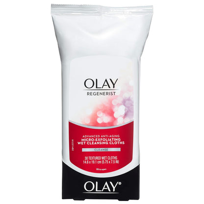 Toallitas de limpieza de maquillaje Olay, paños de limpieza húmeda micro-exfoliantes Regenerist, limpiador facial para mujeres - Exfolia, refresca, suaviza la textura, aprobado para viajes, 30