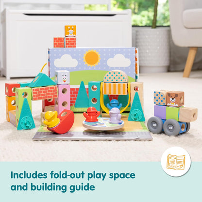 Melissa & Doug Blockables™ Town Snap and Play, mezcla y combina bloques de construcción de madera conectables, juguete para niños y niñas en edad preescolar (73 piezas)