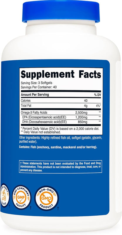 Nutricost Aceite de Pescado Omega 3 - 2500 mg, 120 cápsulas blandas...