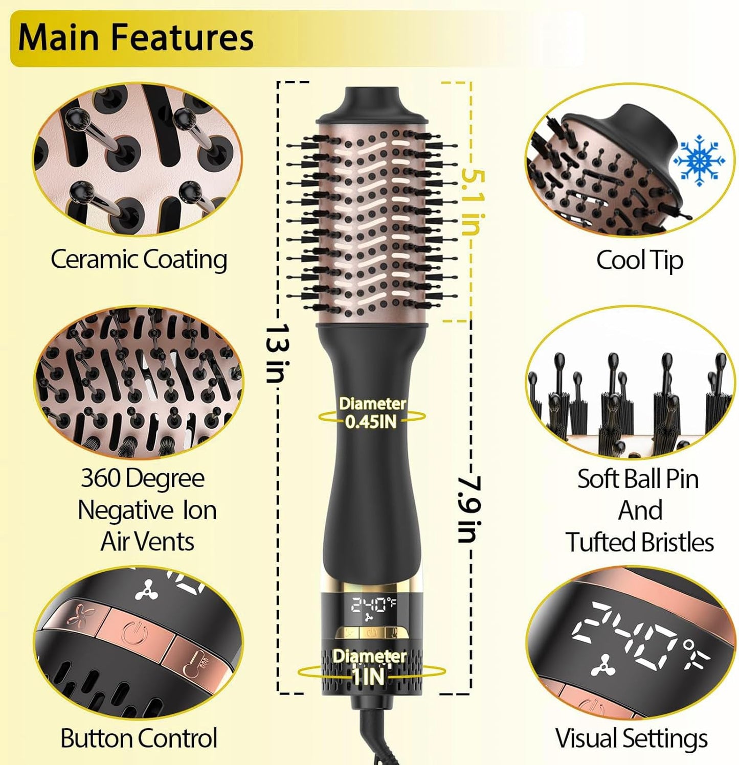 Nicebay Cepillo Secador de Cabello, Cepillo Secador para Mujeres Peinado Rápido, Cepillo de Peinado en Un Paso con Pantalla - Menos Frizz, Más Brillo, Cilindro Cerámico Ovalado, Iones Negativos