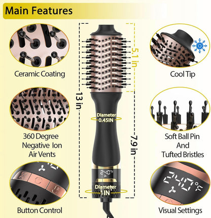 Nicebay Cepillo Secador de Cabello, Cepillo Secador para Mujeres Peinado Rápido, Cepillo de Peinado en Un Paso con Pantalla - Menos Frizz, Más Brillo, Cilindro Cerámico Ovalado, Iones Negativos