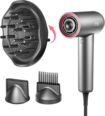 Secador de pelo TYMO con difusor, secador de pelo profesional AIRHYPE Lite de 1500W de alta velocidad con peine para secado rápido, motor sin escobillas de 110,000RPM, 200 millones de secador de pelo
