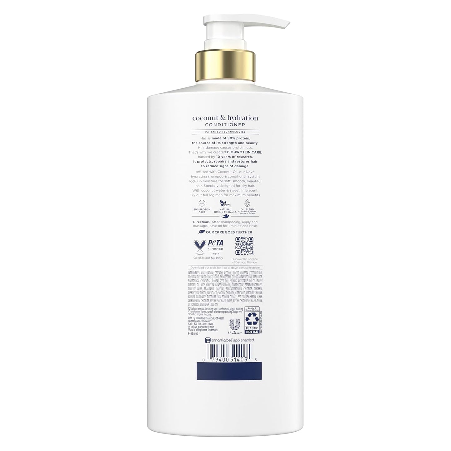 Dove Acondicionador de coco e hidratación para cabello seco con tecnología de cuidado de bio-proteínas y aceite de coco, 28 onzas líquidas
