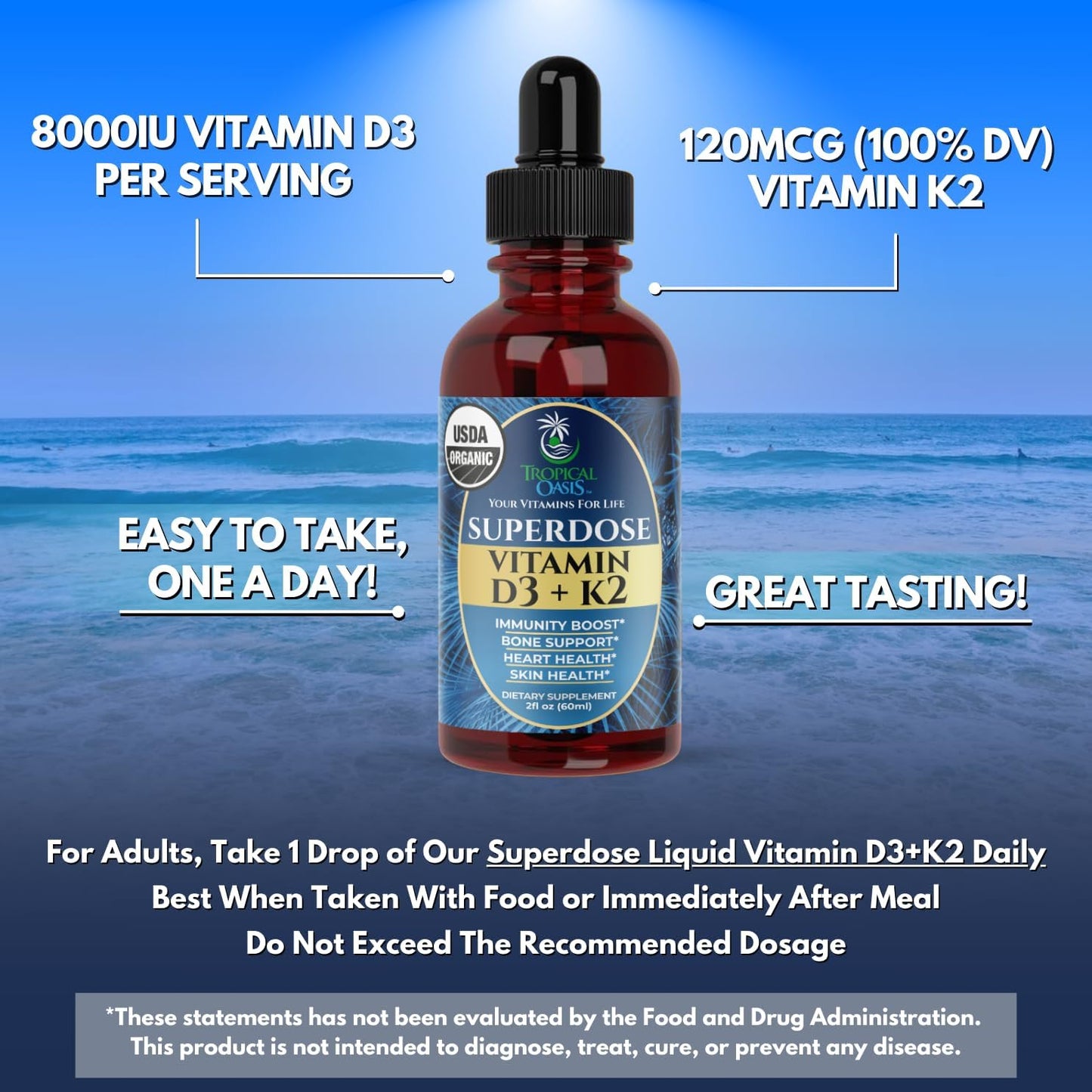 USDA Orgánico Gotas Líquidas de Vitamina D3 K2 para Adultos | Super...