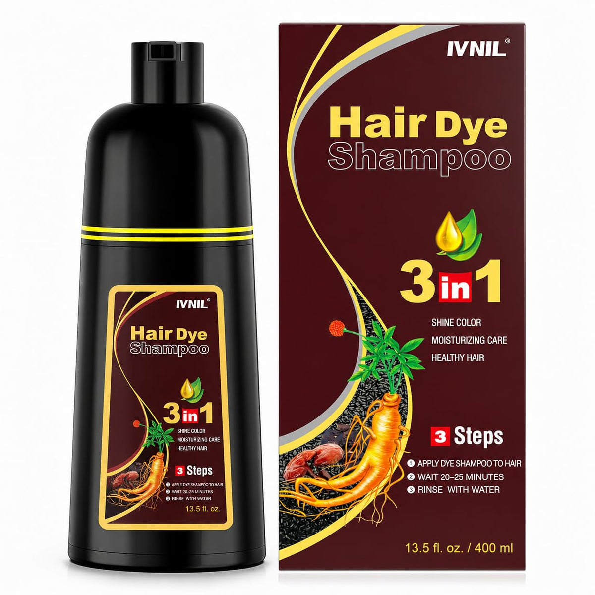 Ivnil Champú de tinte para el cabello marrón, cobertura de cabello...