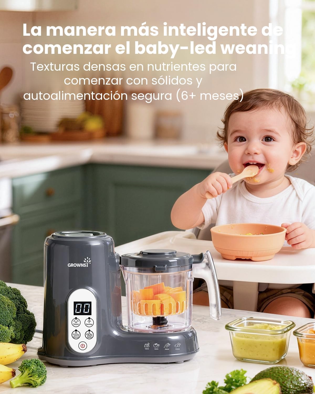 GROWNSY - Licuadora para comida de bebé con canasta de vapor, proce...