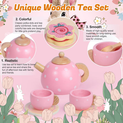 Juego de té de madera para niñas pequeñas, regalos para niñas peque...