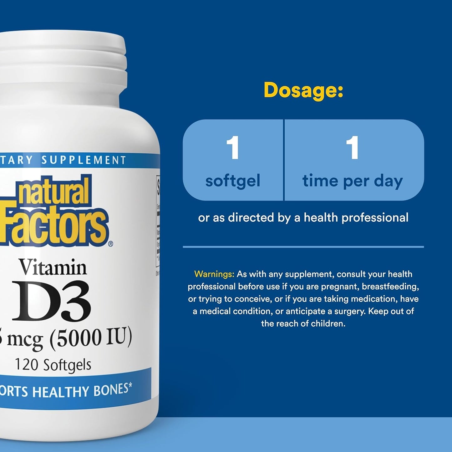 Natural Factors - Vitamina D3 5000 UI, apoya huesos saludables, 120...