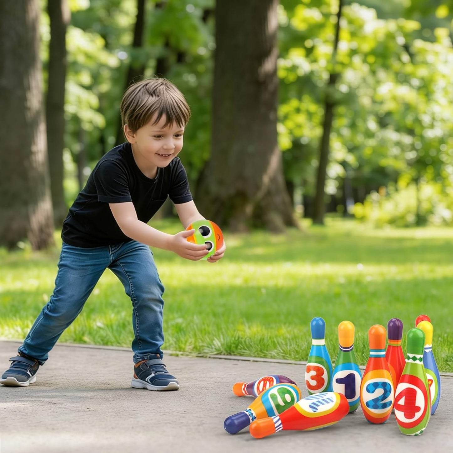 Juego de bolos para niños AugToy 2-5 años, juego de bolos de interior suave para niños de 1, 2, 3, 4 años, niños y niñas, 10 pines de bolos de espuma coloridos, 2 bolas de bolos, juego sensorial de