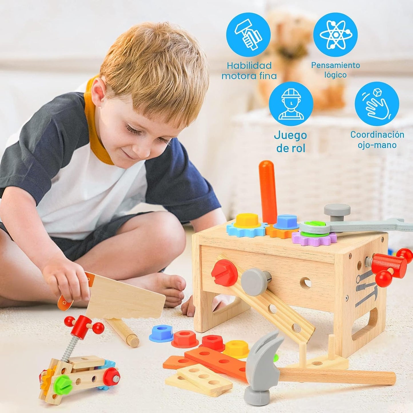 Juego de herramientas de madera para niños de 3, 4, 5 años, 29 piez...