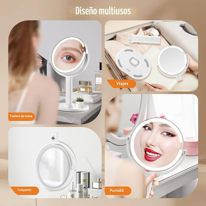 MOMOKUBA Espejo de maquillaje con luces, espejo de aumento de doble...