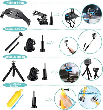 Kit de accesorios de cámara de acción 61 en 1 para GoPro Hero 13 12 11 10 9 8 7 6, GoPro Max, GoPro Fusion, Xiaomi, Insta360, DJI Osmo Action, AKASO APEMAN, Campark, SJCAM