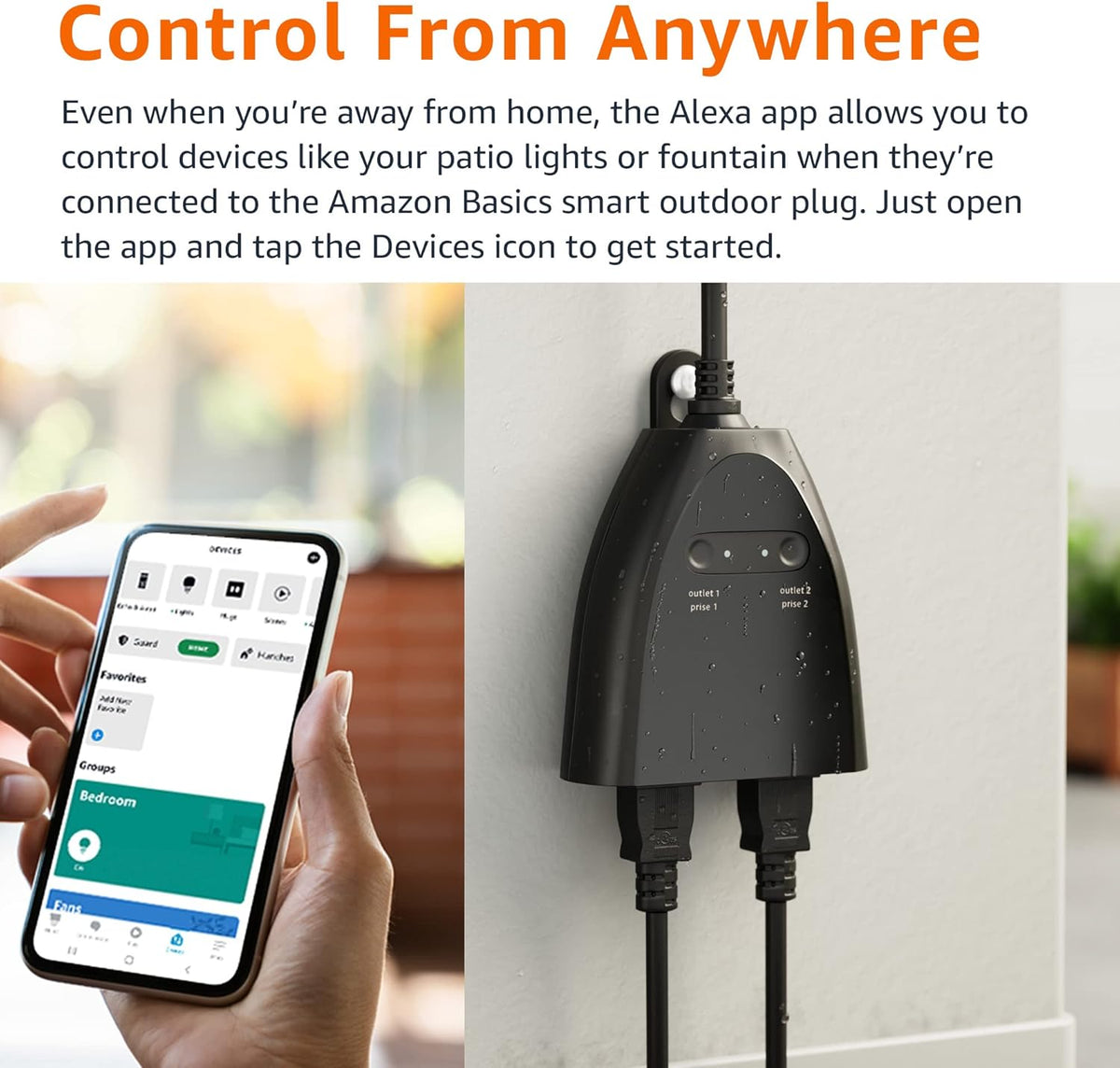 Amazon Basics Enchufe inteligente para exteriores con 2 tomas de corriente controladas individualmente, funciona solo con Alexa, Wi-Fi de 2.4 GHz, no requiere concentrador, color negro