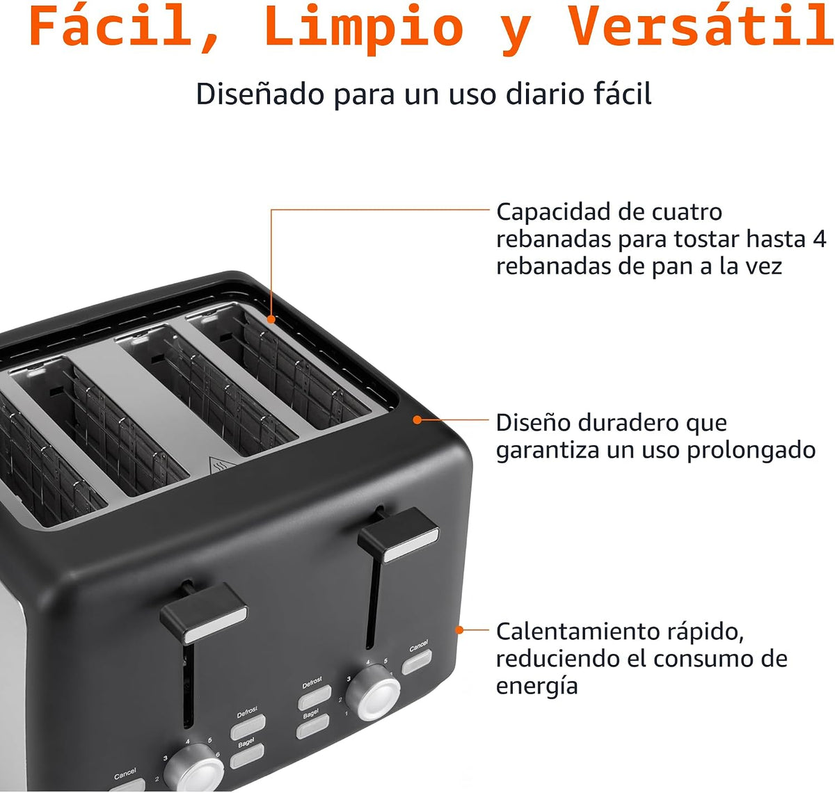 Amazon Basics Tostadora de 4 rebanadas, con 7 ajustes de tostado, r...