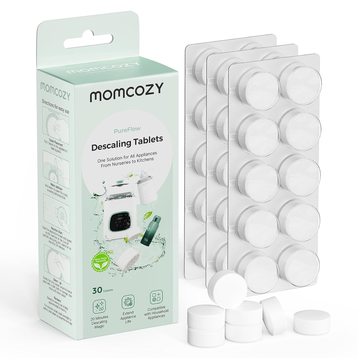 Momcozy Pastillas Descalcificadoras Oficiales, Compatible con KleanPal Pro Lavabiberón para Bebé, Descalcificador para Eliminación de Leche y Sarro, 30 Unidades