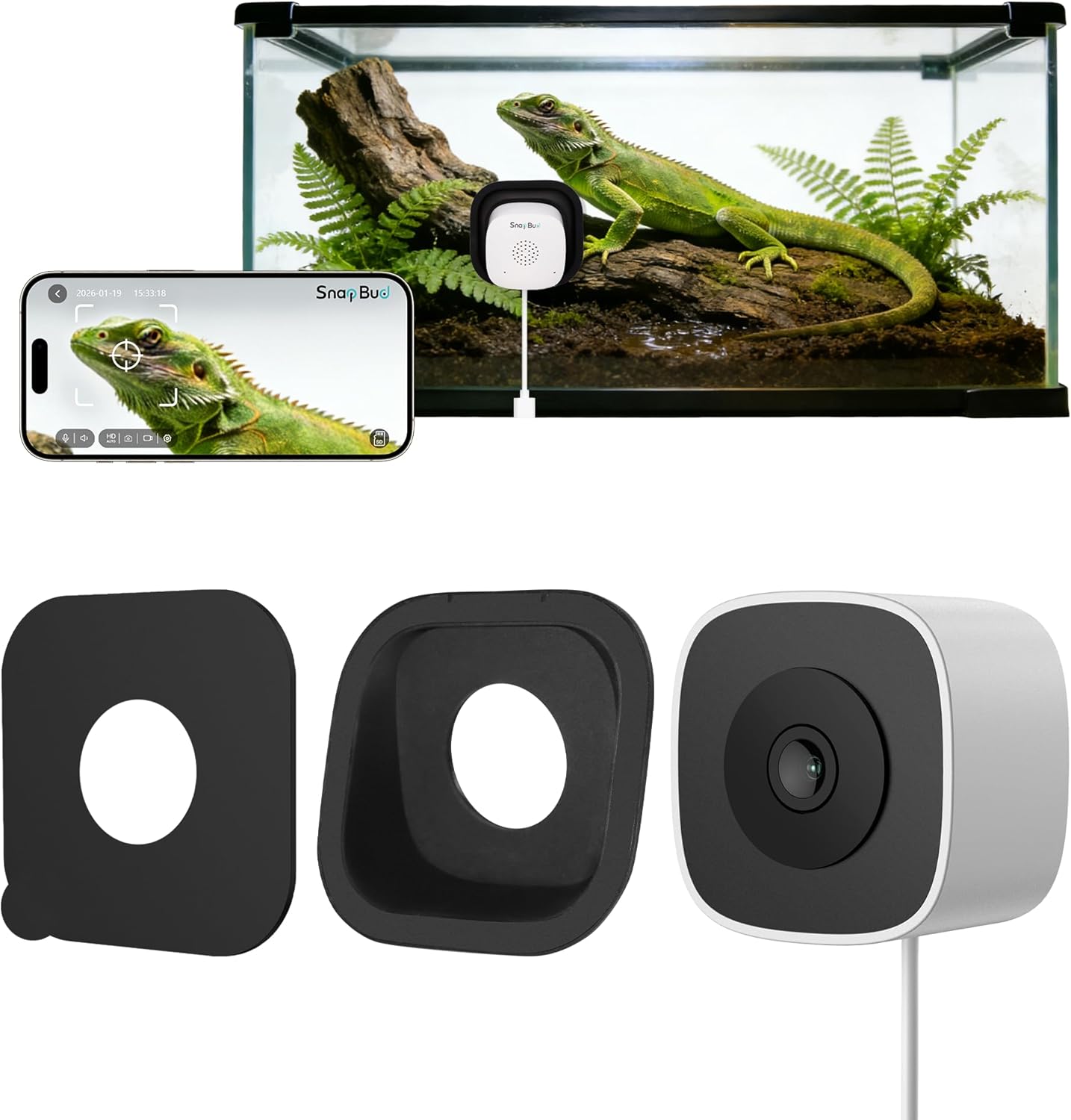 SnapBud Cámara de reptiles y acuario AI de 3MP 2K con soporte magné...