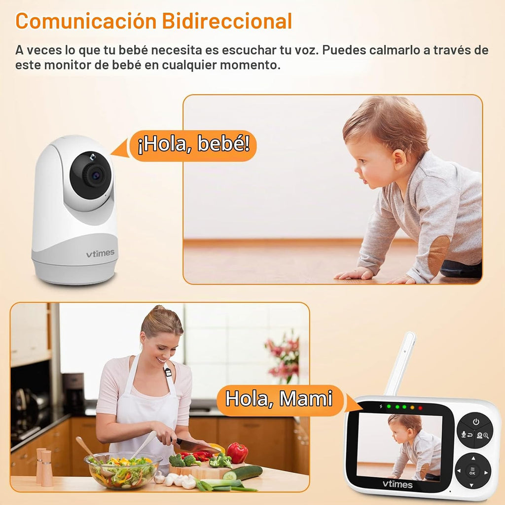 VTimes Monitor de bebé con cámara y audio, pantalla IPS de 3.2 pulg...
