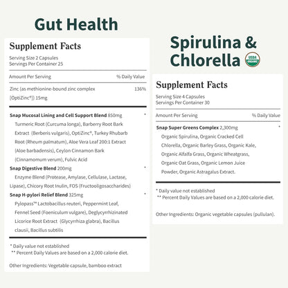 Snap Supplements Salud intestinal y espirulina orgánica Chlorella B...