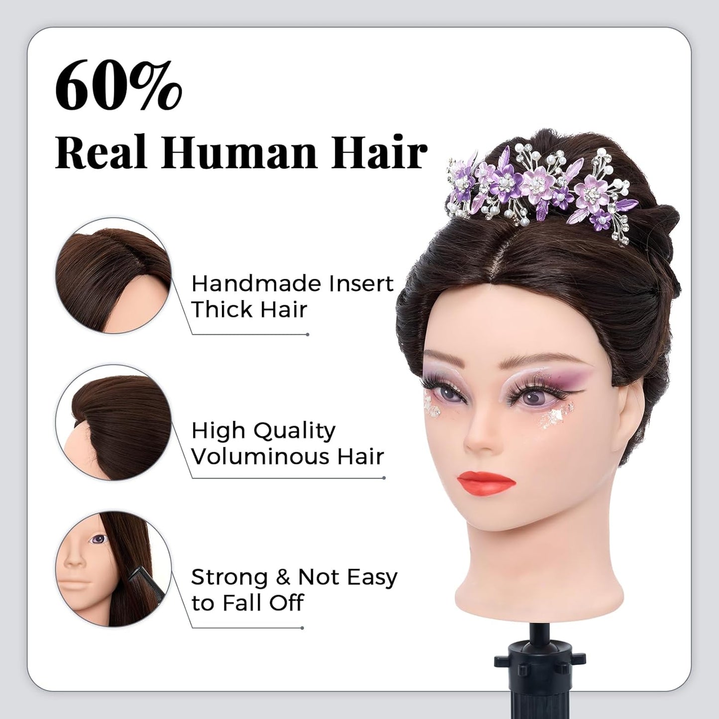 Cabeza de maniquí 80% cabello humano - 71 cm Maniquí de práctica pa...