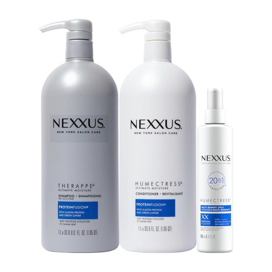 Nexxus Champú y acondicionador Therappe Humectress 2 unidades para cabello seco 33.8 oz y acondicionador sin enjuague Humectress Spray 20 en 1 Perfector 9 oz