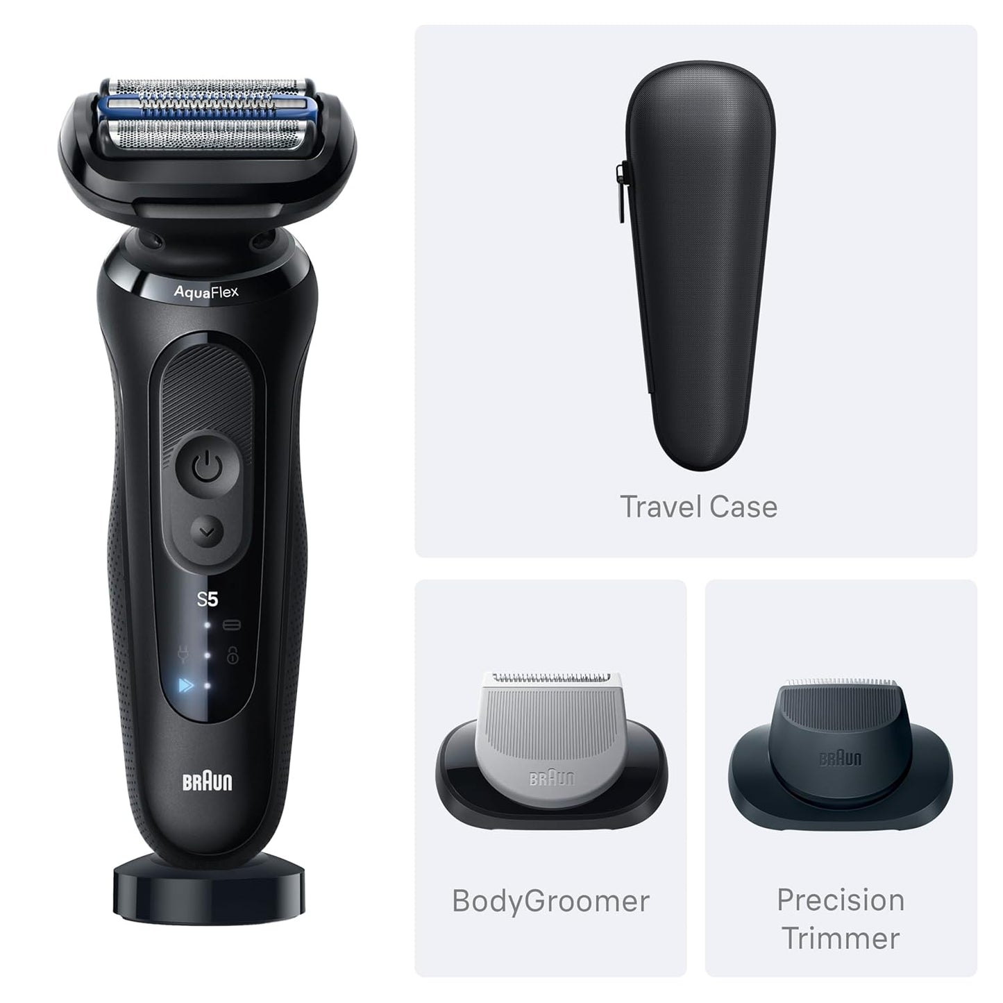 Braun Maquinilla de afeitar eléctrica para hombres Serie 5, afeitadora de barba, afeitadora eléctrica con peluquero corporal y estuche de viaje, S5 5155cs