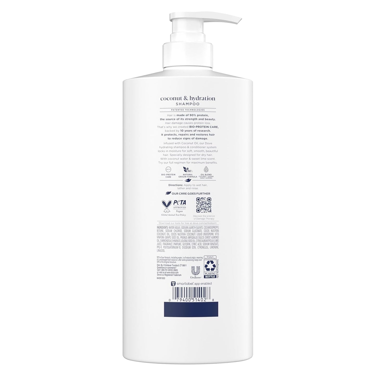 Dove Champú de coco e hidratación para cabello seco con tecnología de cuidado de bio-proteínas y aceite de coco, 28 onzas líquidas