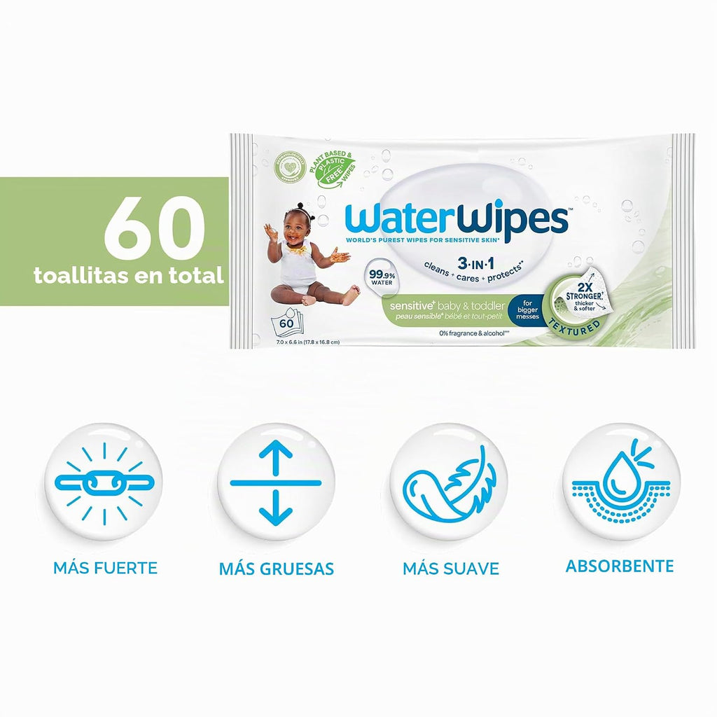 WaterWipes Toallitas Sensitive+ para bebé y niño pequeño, 3 en 1 li...