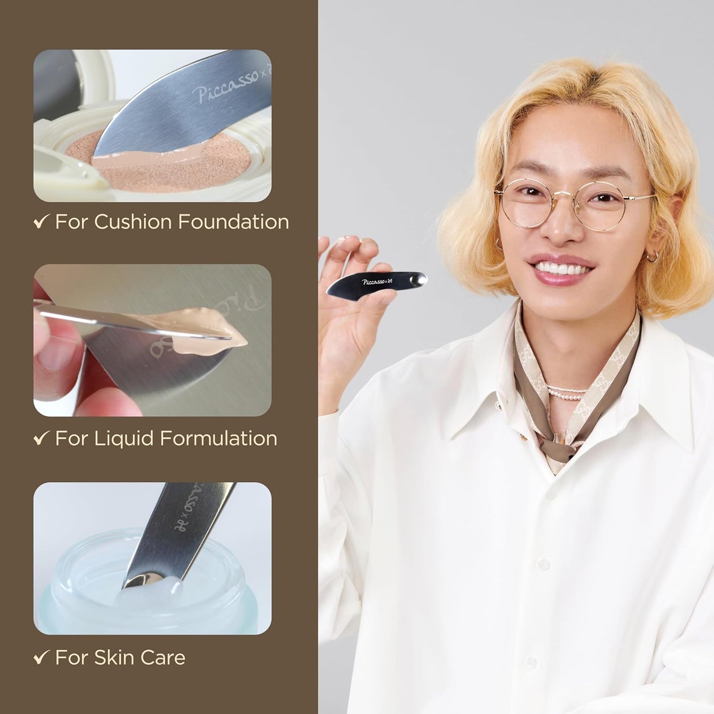 Piccasso Espátula de maquillaje de 2 vías con esponja: base profesional y espátula para el cuidado de la piel para la cara, herramienta de acero inoxidable de doble extremo para una aplicación precisa