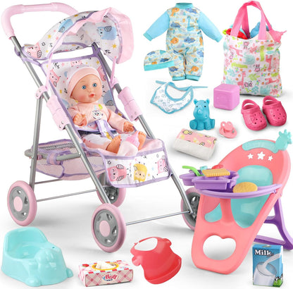 YIYBM Juego de Cochecito de Muñeca Bebé con Muñeca Bebé de 12.5"...