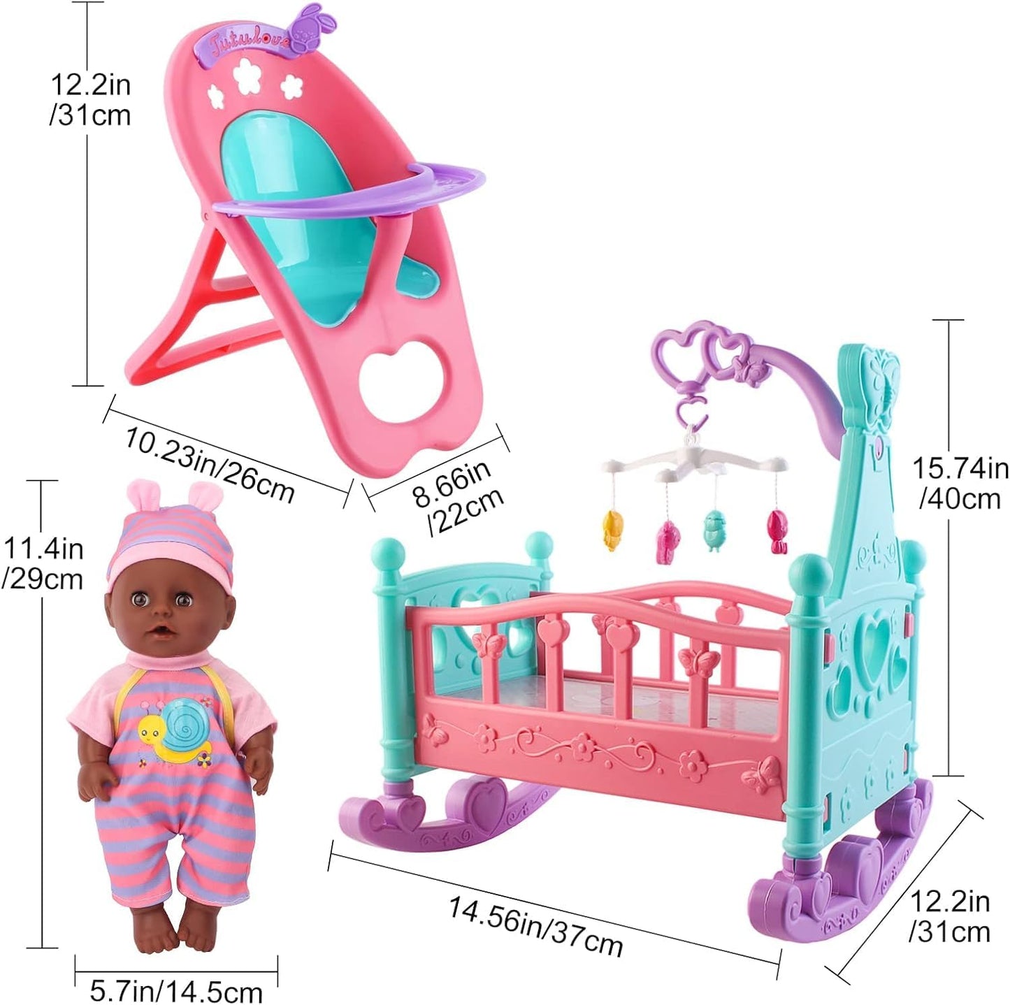 deAO Conjunto de Muñeca Bebé Negra - Móvil, Silla Alta, Cochecito y...