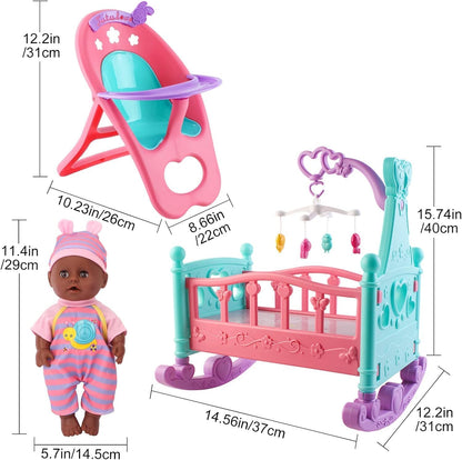 deAO Conjunto de Muñeca Bebé Negra - Móvil, Silla Alta, Cochecito y...