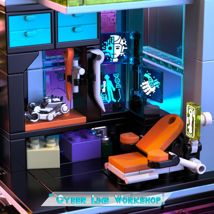 Cyber-Punk Mansion - Juego de bloques de construcción, 2098 piezas de neón para reparación de automóviles con automóvil deportivo de ciencia ficción, colección modular de vista de calle Cyber-Punk
