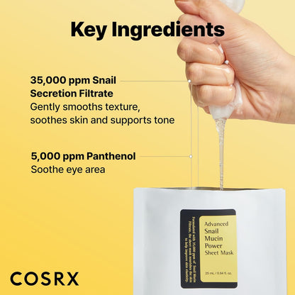 COSRX Máscara de hoja de mucina de caracol 10 EA, máscara facial sin enjuague de esencia de caracol para piel seca, propensa al acné, piel sensible, filtrado de secreción de caracol, no probado en